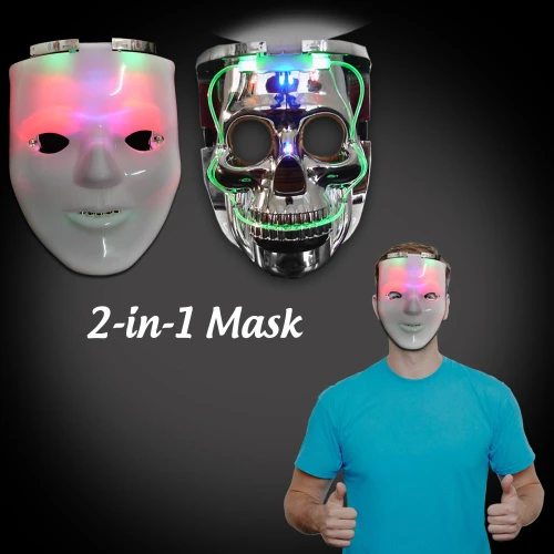 2-in-1 Light Up Mask, a glowing LED mask and a metallic skull mask, shown on a person and against a dark background.