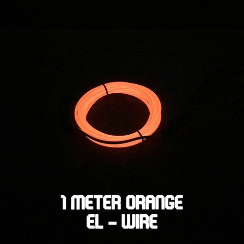 Quick-Connect EL Wire, 1 meter orange glowing LED wire coiled on a dark background.