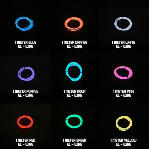 Quick-Connect EL Wire (1m), multi-color glowing EL wire coiled in various colors including blue, orange, white, purple, aqua, pink, red, green, and yellow for decorative lighting.