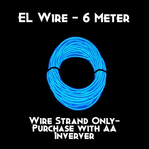 Quick-Connect EL Wire (6m), blue glowing flexible electric wire coiled in a circle on a black background with white text.