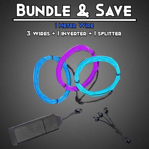 EL Wire Triple Play, set of three 1-meter LED EL wires in blue, purple, and cyan with inverter and splitter for customizable lighting effects.