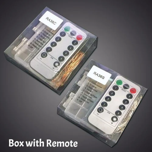 6 Ft Fairy Wire with 36 Warm White LEDs, waterproof AA battery pack with remote, in clear plastic box, displayed on a dark surface.