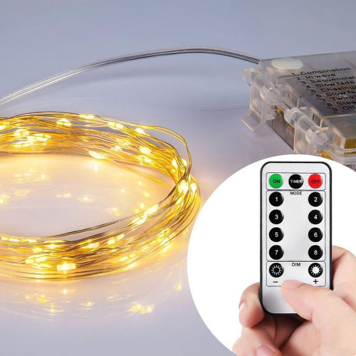 16.5 Ft Fairy Wire, 100 Warm White LEDs, Power Option: Waterproof AA Battery Pack with Remote