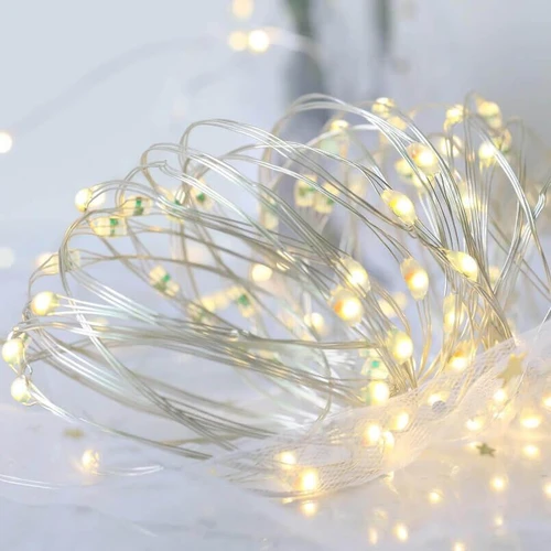 16.5 Ft Fairy Wire with 100 Warm White LEDs, Waterproof AA Battery Pack with Remote, decorative string lights for ambiance and holiday decorations.