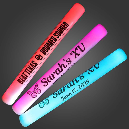 Customized 7 Mode LED Foam Glow Sticks, flashing foam sticks for parties and events with personalized text and butterfly graphics in different colors.