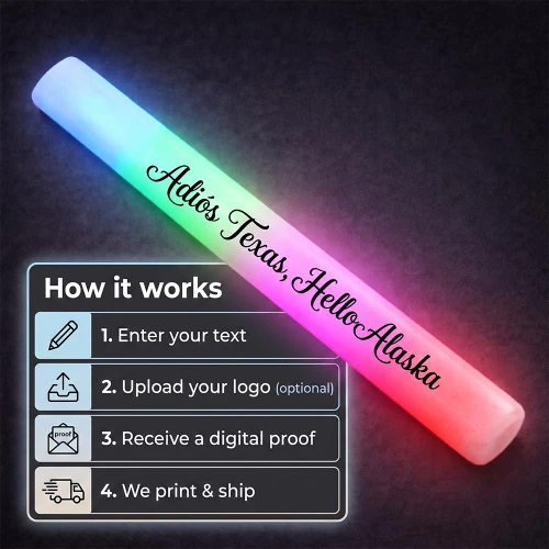 flashing foam sticks emitting vibrant multicolor light with personalized text example 'Adiós Texas