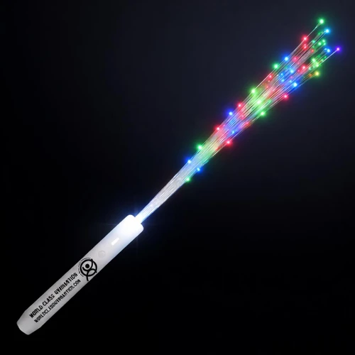 Custom Printed Fiber Optic LED Wands, glowing colorful party light-up wand with multiple LED fibers illuminating in green, red, blue, and purple, ideal for events and celebrations.