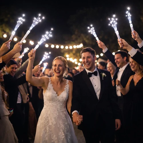Custom Printed Fiber Optic LED Wands, light up party wands used at wedding celebration with a bride and groom, illuminating the night with extreme glow.
