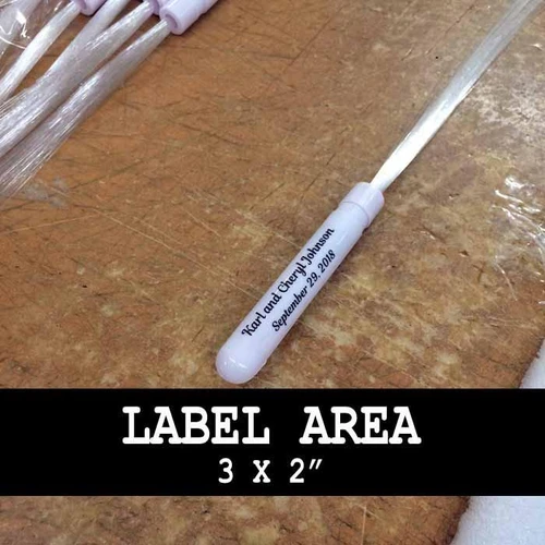 Custom Printed Fiber Optic LED Wands, personalized light up party wands with a name and date printed on the handle.