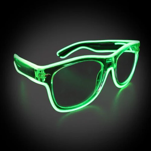 EL Wire Wayfarers + Clear Frames, illuminated green LED light-up sunglasses with transparent frames and dark lenses for a futuristic look.