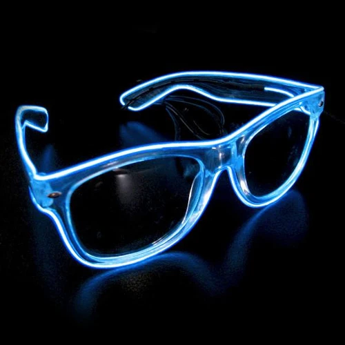 EL Wire Wayfarers + Clear Frames, glowing blue illuminated eyeglasses on black background.