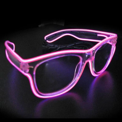 EL Wire Wayfarers + Clear Frames, glowing pink LED glasses on black background.