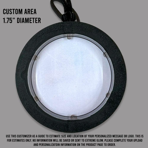 Customized Flashing Medallions, round black medallion with a blank center and a custom area of 1.75 inches diameter for personalized message or logo.