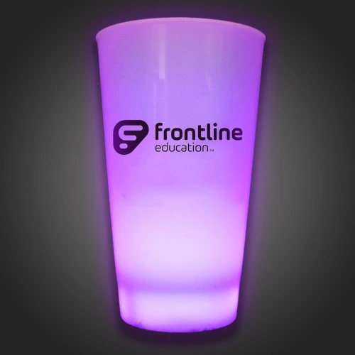 Custom 16 oz LED Glow Cups, personalized light up party cups glowing in purple with Frontline Education logo.
