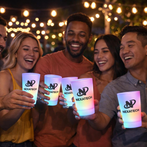 Custom 16 oz LED Glow Cups, group of friends holding colorful light-up party cups at night event.