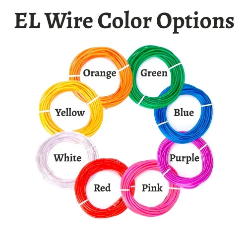 3-foot EL Wire Kit, colorful flexible LED wire in orange, green, yellow, white, red, pink, blue, and purple coils for creative lighting projects.