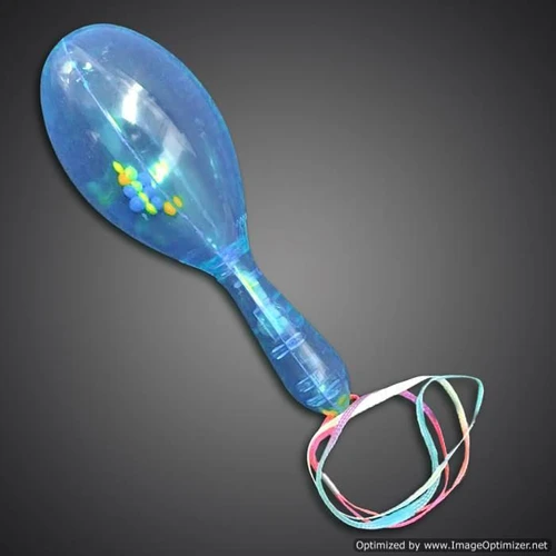 a transparent plastic maraca with colorful lights inside and a multicolored ribbon handle