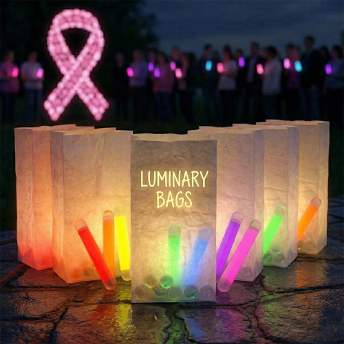 4-inch Slim Lightsticks, colorful glow sticks inside luminary bags for night events or parties.