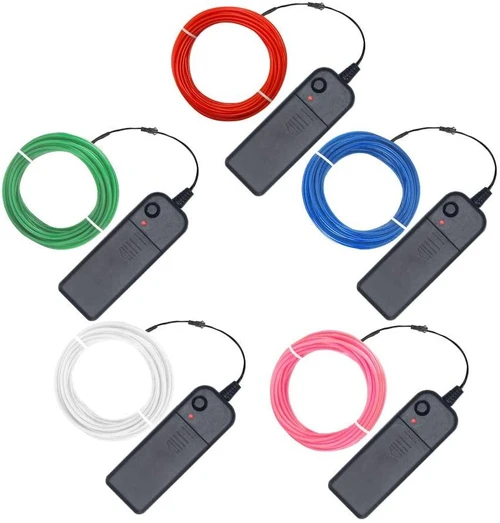 7-foot EL Wire Kit, colorful flexible EL wire light strips with attached controller boxes in red, green, blue, white, and pink colors.