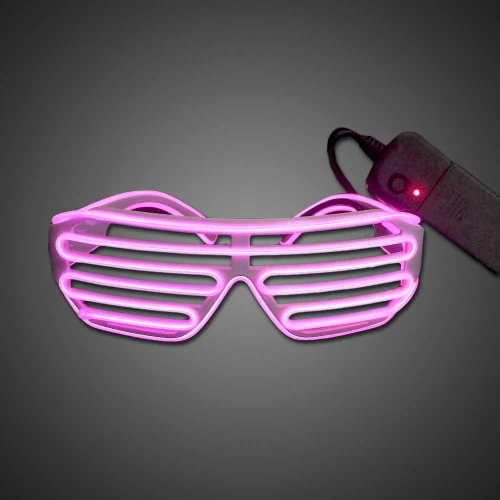 EL Wire Shutter Shades, glowing pink neon shutter sunglasses with LED wire frame and attached power source.