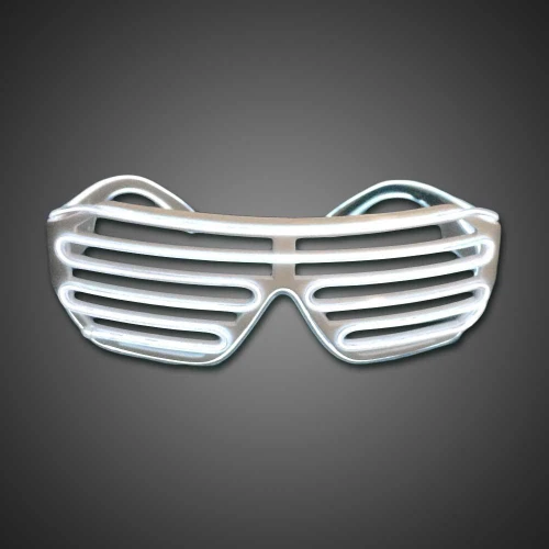 EL Wire Shutter Shades, illuminated futuristic LED sunglasses with a sleek design and glowing white light on a dark background.