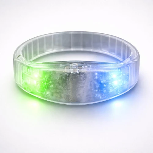 transparent plastic bracelet with embedded colorful LED lights that glow green and blue
