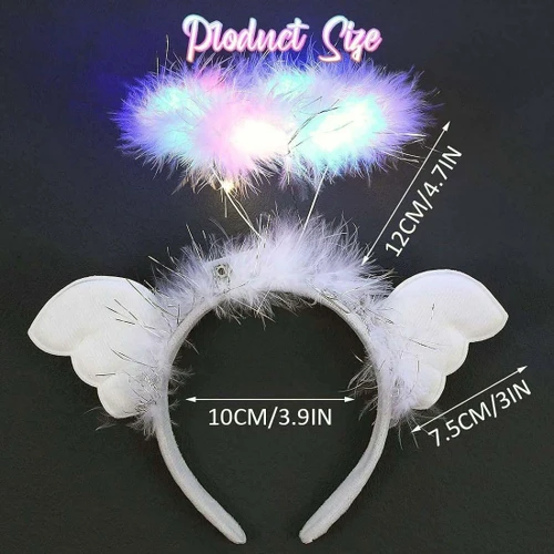 White Headbopper Halo, illuminated fluffy headband with LED lights and angel wings, perfect for costumes and parties.