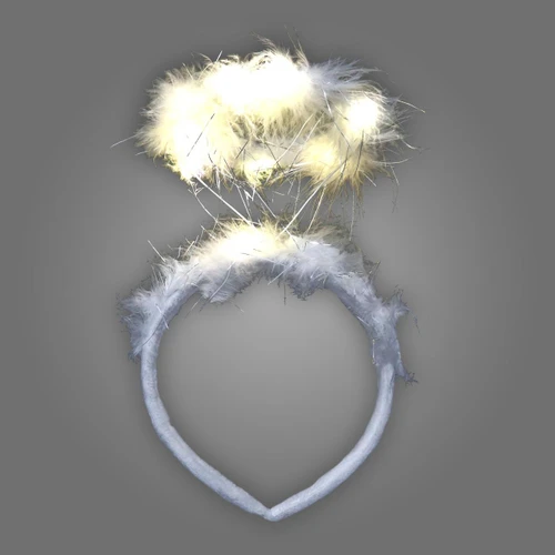 White Headbopper Halo (CLOSE OUT), a white fluffy headband with a halo made of soft feathers and metallic accents.