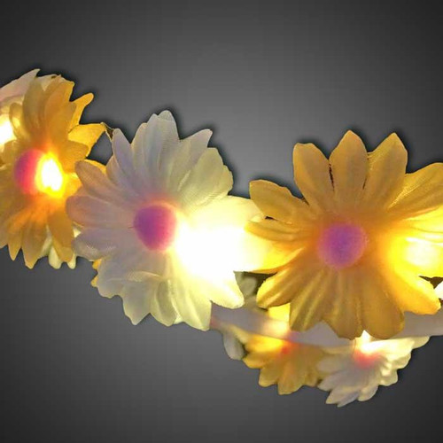 Daisy Flower Headband, decorative flower headband with illuminated LED lights and fabric daisy petals in yellow and white colors.