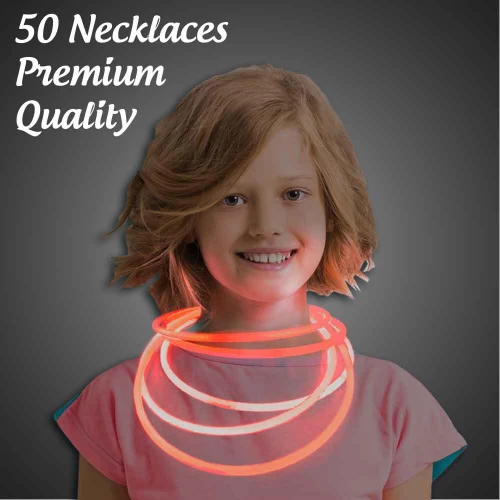 Solid Color Glow Necklaces - Pack of 50, vibrant glow necklaces around a smiling girl wearing a pink shirt.