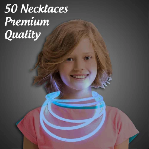 Solid Color Glow Necklaces - Pack of 50, a girl wearing glowing necklaces around her neck in various colors.