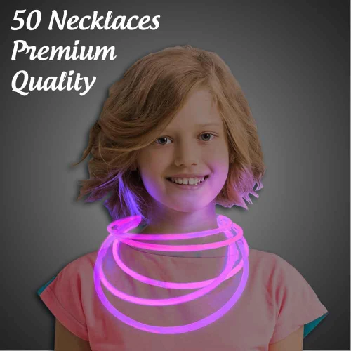 Solid Color Glow Necklaces - Pack of 50, multi-colored glowing necklaces worn by a young girl, lightweight and perfect for parties or celebrations.