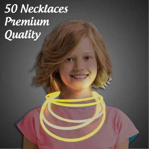Solid Color Glow Necklaces - Pack of 50, glowing yellow necklaces worn by a smiling girl