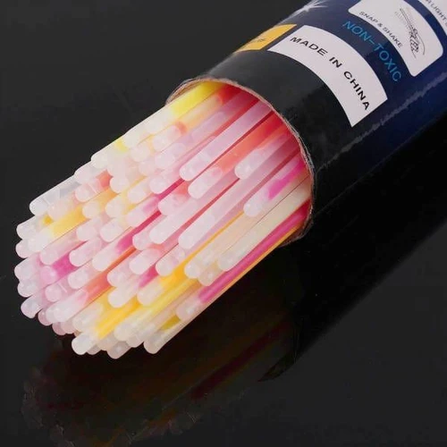 50 Assorted Glow Necklaces, colorful glow sticks with yellow, pink, and white hues in a black cylindrical container.