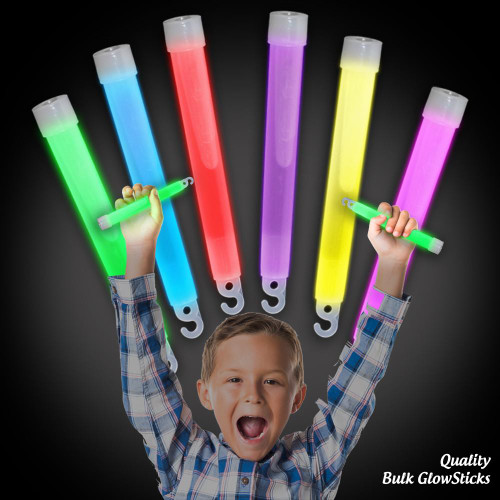 Custom 6-inch Unwrapped Glow Sticks, colorful glow sticks in green, blue, red, purple, yellow, and pink, being held by a joyful child, ideal for celebrations and parties.