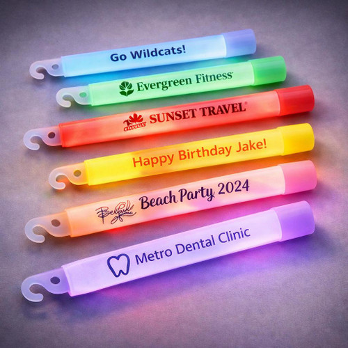 Custom 6" Unwrapped Glow Sticks, colorful glow sticks with personalized printed text for events and promotions.