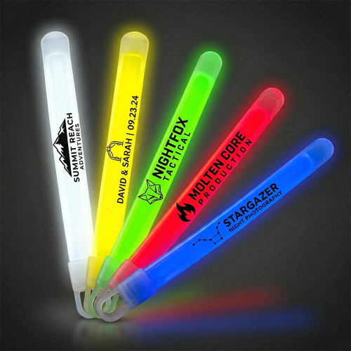 Custom 6" SLIM Unwrapped Glow Sticks, colorful glow sticks illuminated in white, yellow, green, red, and blue colors showcasing customizable branding for various events.