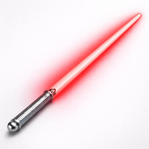 Light Sabers, glowing red lightsaber with metallic handle on a white background.