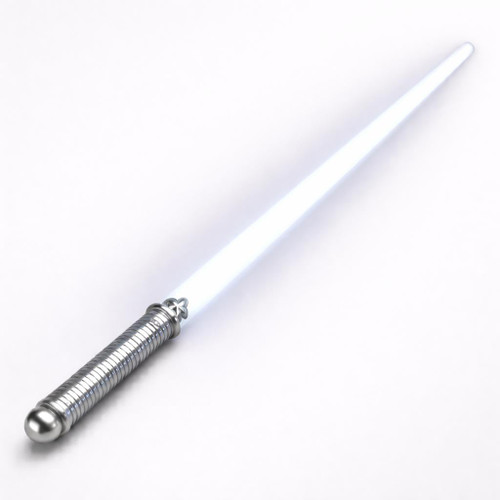 Light Sabers, silver handle with ribbed design and glowing white blade.