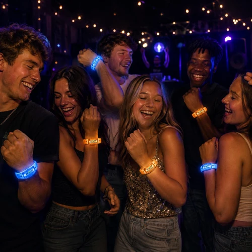 Sound Activated LED Silicone Bracelet, group of friends dancing at party wearing colorful LED bracelets in dark setting.
