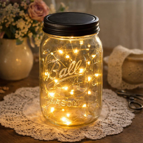 39 Inch Fairy Wire Various Color Options LEDs, Coin Cell Battery Pack, replaceable batteries displayed in a jar with warm white fairy lights inside, suitable for home decor and craft projects.