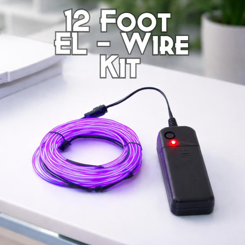 12 Foot EL Wire Kit, LED purple glow flexible light wire with control box on white surface.