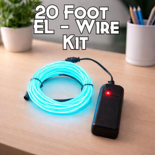 20 Foot EL Wire Kit, flexible glowing blue LED wire with control box on a wooden desk.