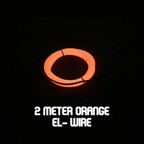 Quick-Connect EL Wire (2m), 2 meter long orange flexible glowing LED wire coiled on a dark background.