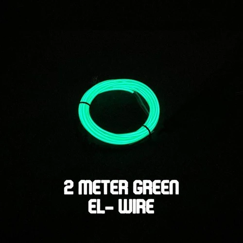 Quick-Connect EL Wire (2m), green illuminated flexible neon wire for decorative lighting and DIY projects.