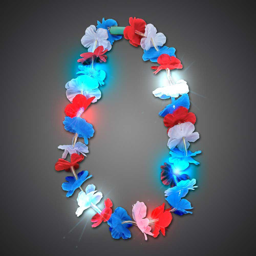 Flashing Red-White-Blue Flower Lei, a colorful lei made of artificial flowers with built-in LED lights that flash in red, white, and blue colors.