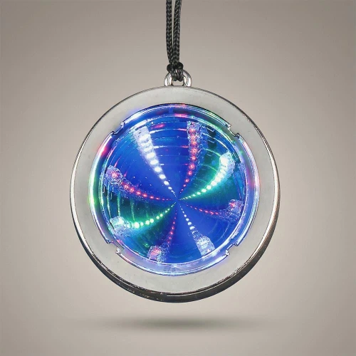 a silver pendant necklace featuring a circular acrylic pendant with colorful LED lights creating a vibrant