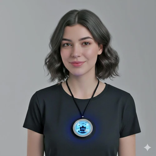 a woman wearing a glowing circular silver necklace with a black cord, over a black t-shirt