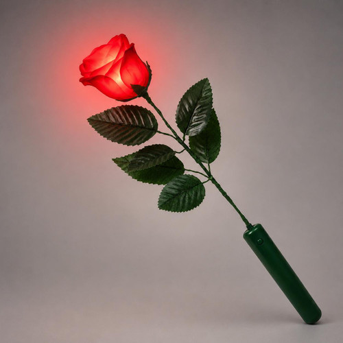 LED Light Up Red Rose, a decorative artificial rose with illuminated red petals and green leaves on a long stem with a handle.