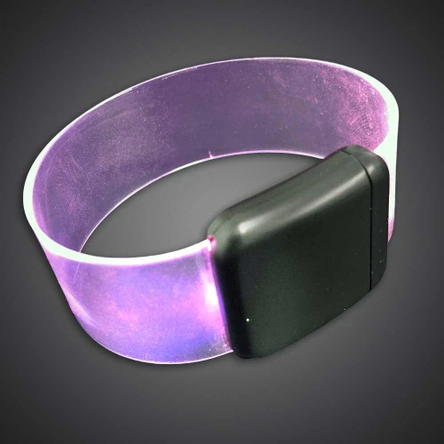 LED Cuff Bracelet, illuminated purple LED light-up cuff bracelet with adjustable black closure band.